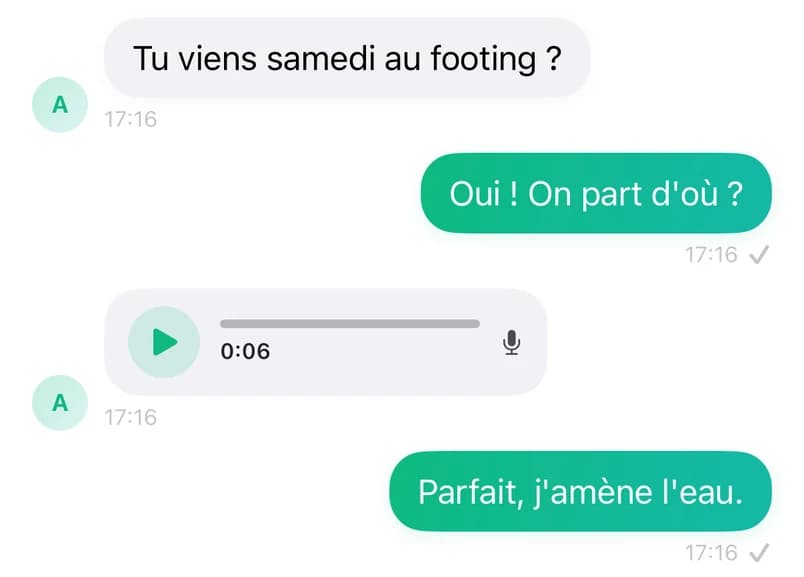 Message vocal dans une discussion de l'app SportConnectGN