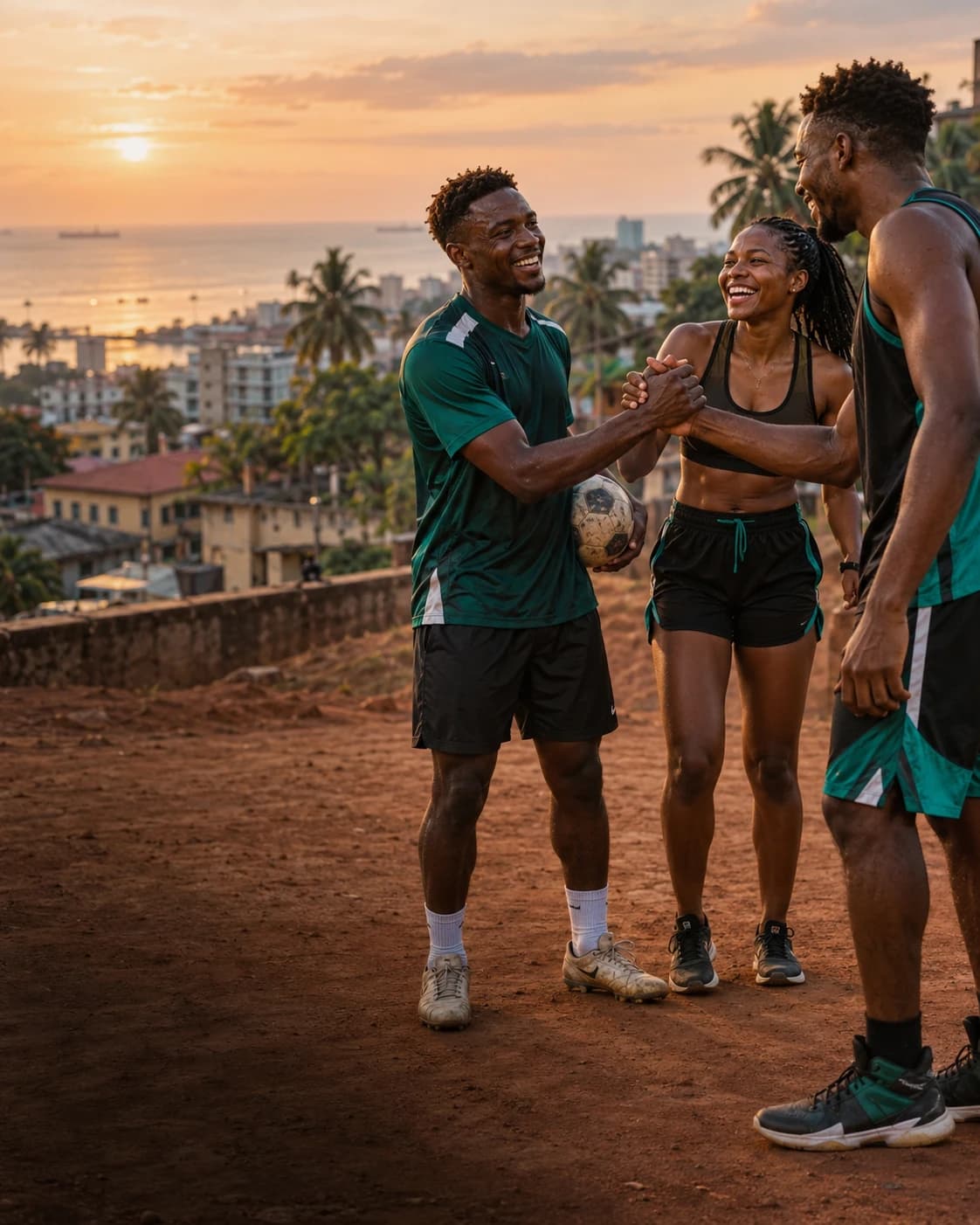 Trois sportifs se félicitent sur un terrain de quartier à Conakry, au coucher du soleil