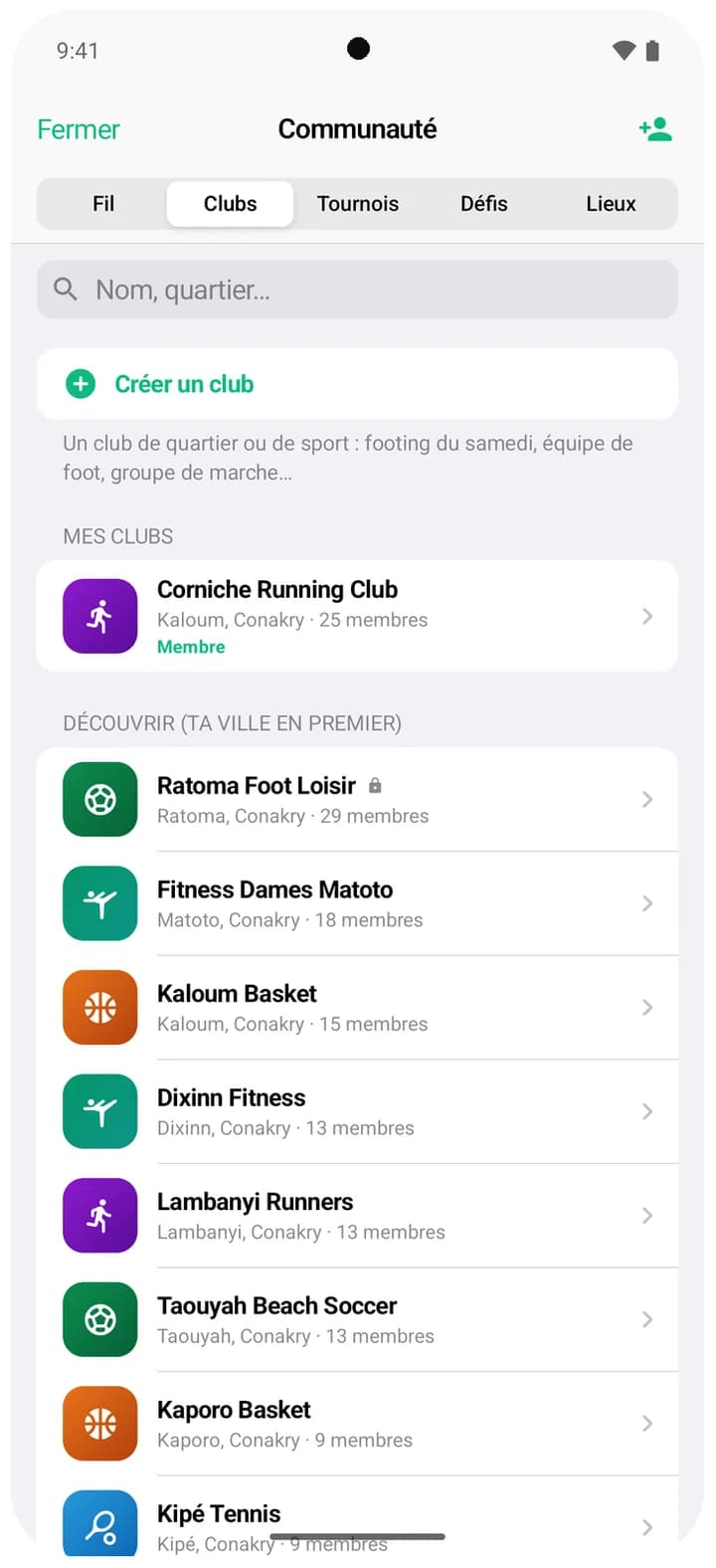 Conakry clubs on Android, sorted by city