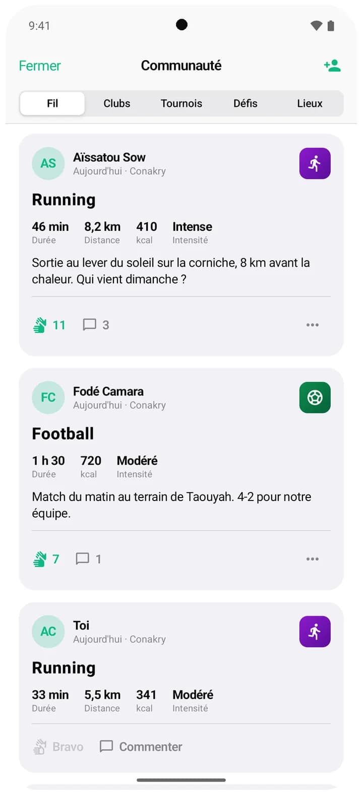 Community feed on Android: running and football sessions