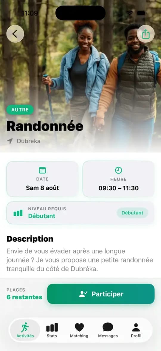 Fiche d'une activité : date, lieu, niveau, places restantes et participants