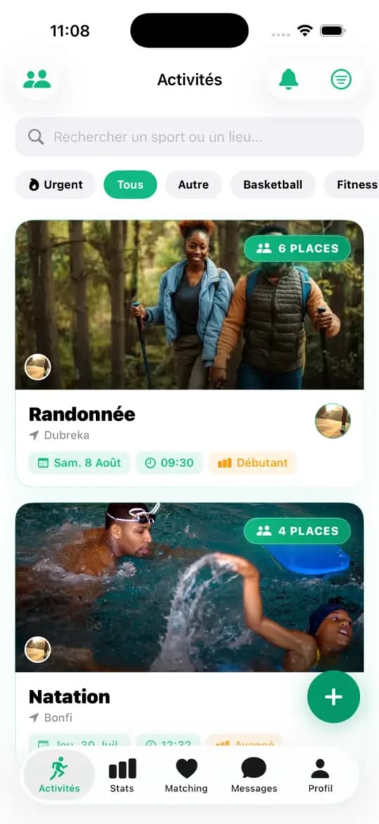 List of upcoming sports activities in the app, with sport filters