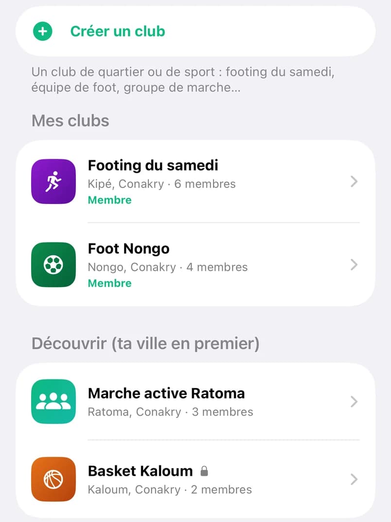 Liste des clubs dans l'app SportConnectGN