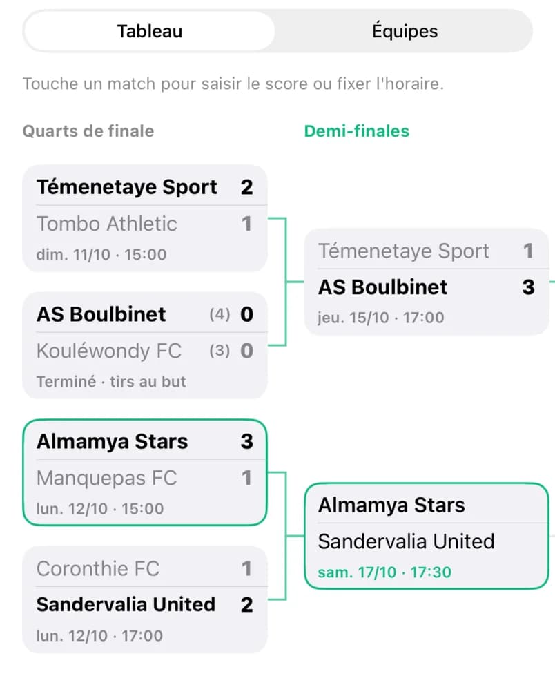 A tournament bracket with match scores