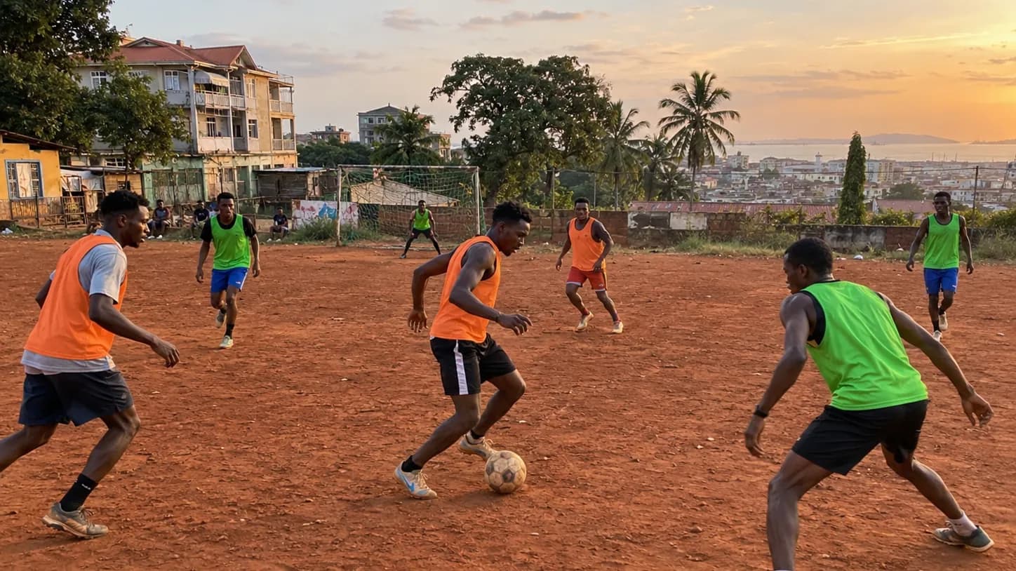 A football game on a red-earth neighbourhood pitch in Conakry at sunset, with the sea in the distance