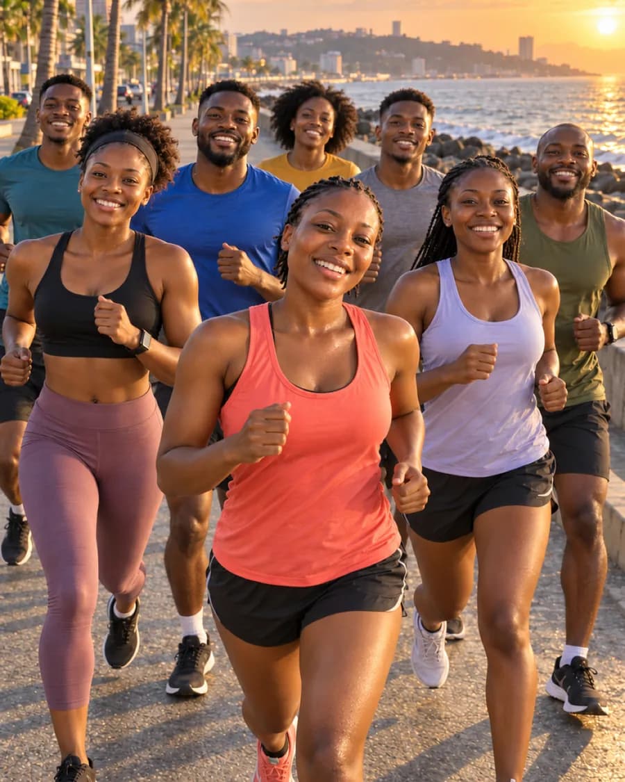 Aïssatou leading a group run on the Corniche at sunset