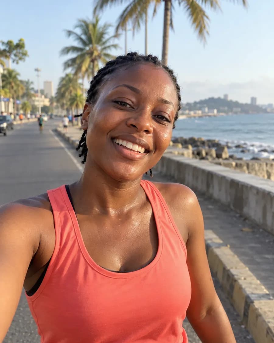 Aïssatou alone on the Corniche in running gear