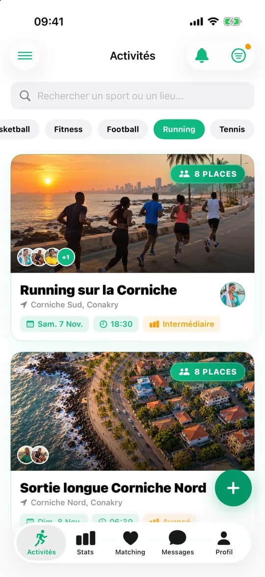 The app's Activities screen filtered on Running, showing the Saturday 6:30 pm Corniche run